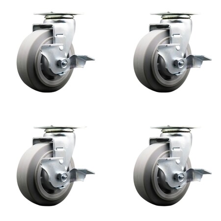 Service Caster 5 Inch Thermoplastic Rubber Swivel Caster Set with Ball Bearings and Brakes SCC-20S520-TPRBF-TLB-4
